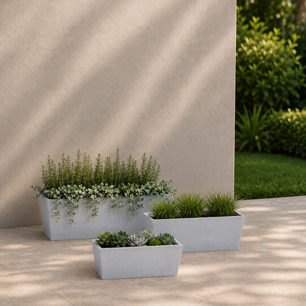 Respect Grey 45cm Green Earth Trough Planter – large grey recycled plastic trough planter for balcony and patio gardens.