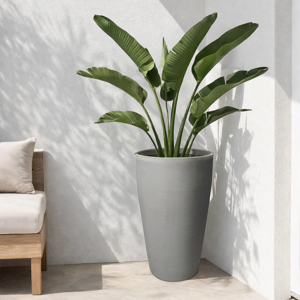 Respect Light Grey 75cm Green Earth Tall Cylinder Planter – tall lightweight grey eco plastic cylinder planter for feature garden displays.