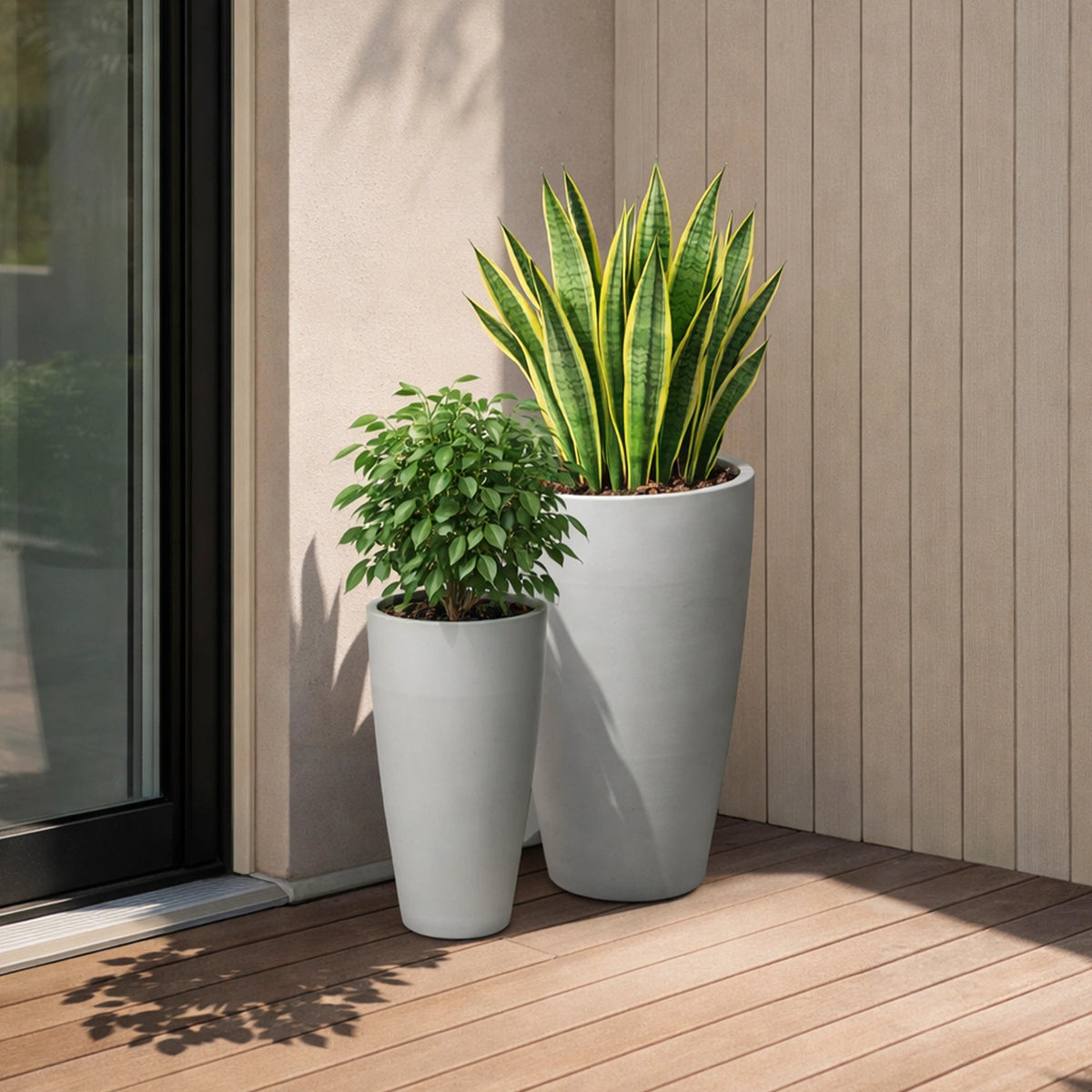 Respect Light Grey 75cm Green Earth Tall Cylinder Planter – tall lightweight grey eco plastic cylinder planter for feature garden displays.