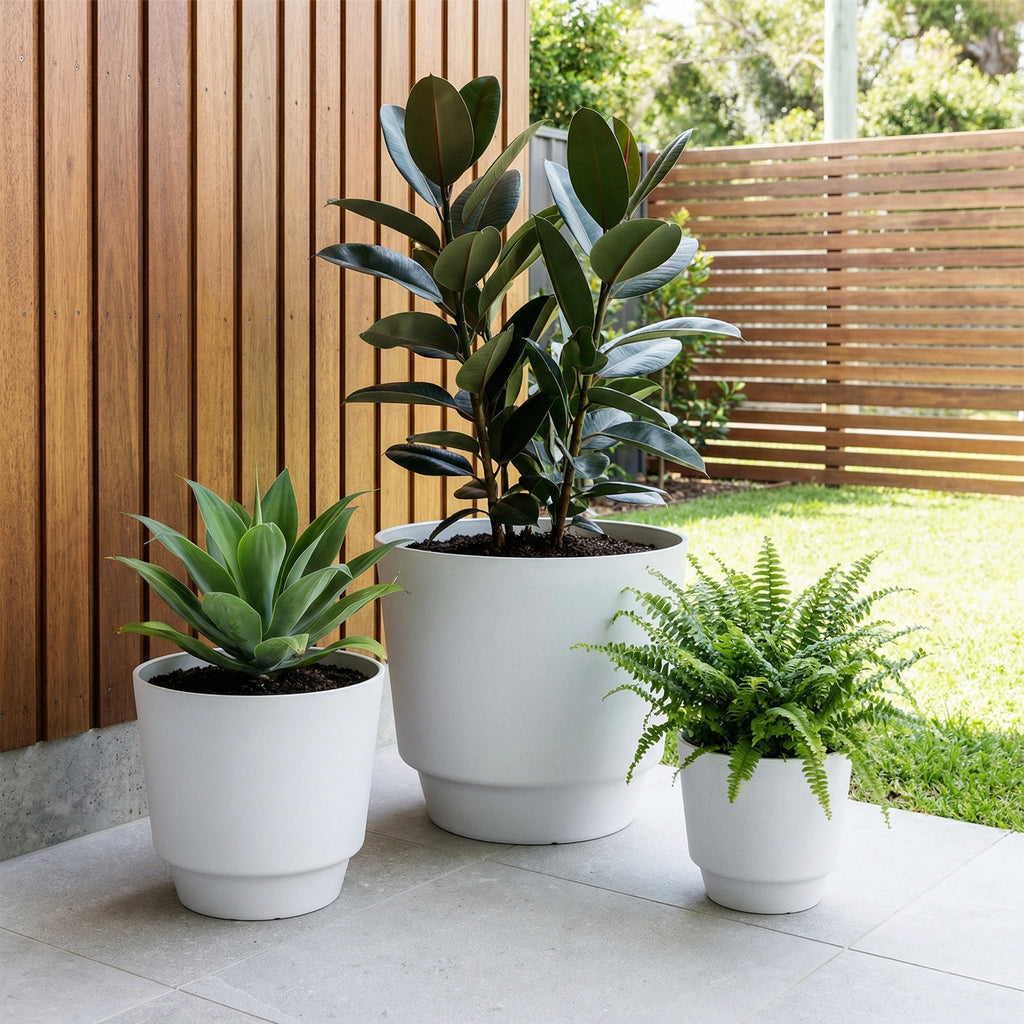 Respect White 30cm Round Calais Stone Look Self Watering Pot – medium white stone-effect self watering outdoor pot