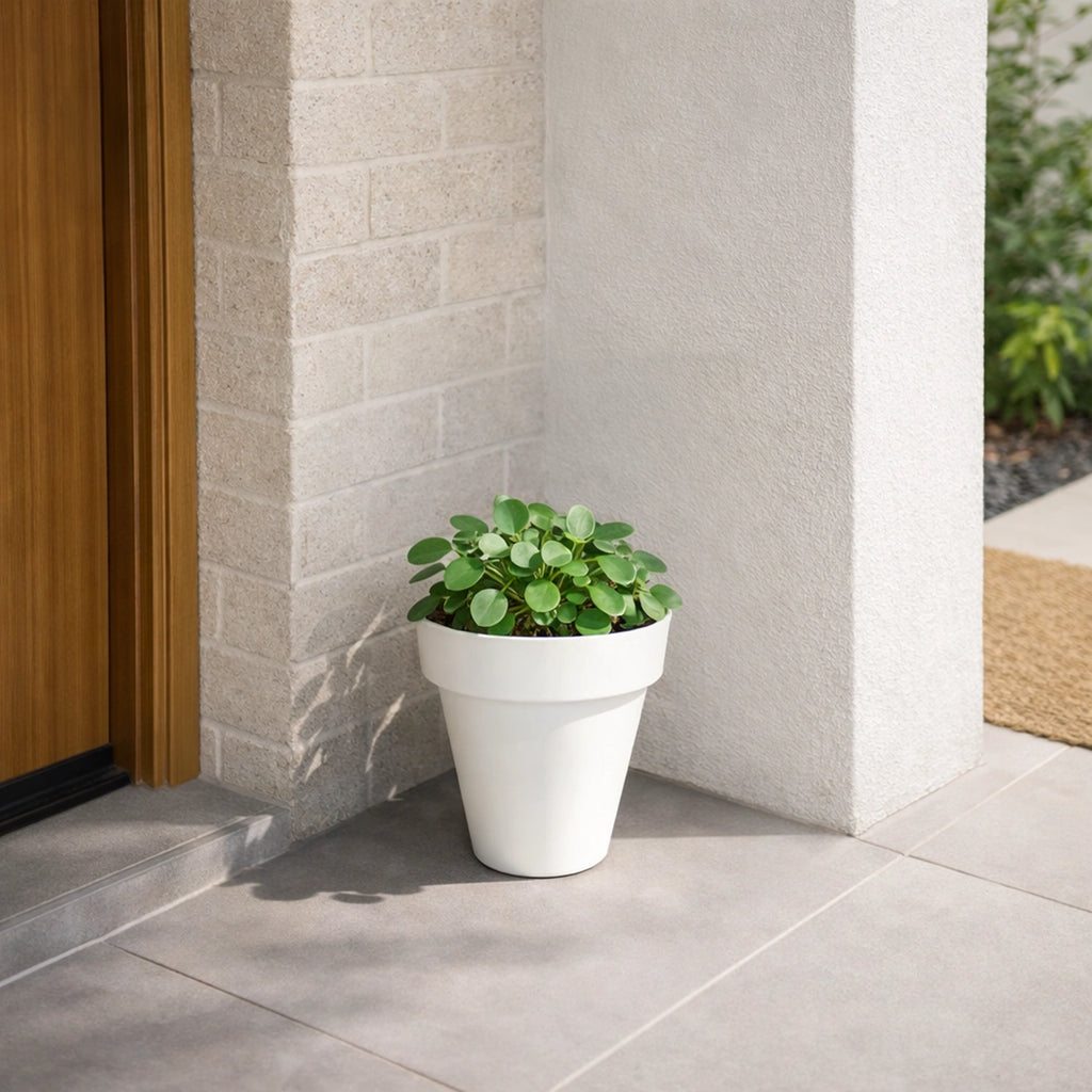 Respect White 30cm Time Planter – modern white plastic pot planter for contemporary indoor and outdoor garden styling.