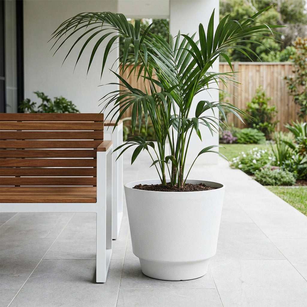 Respect White 40cm Round Calais Stone Look Self Watering Pot – large white stone-effect self watering planter pot
