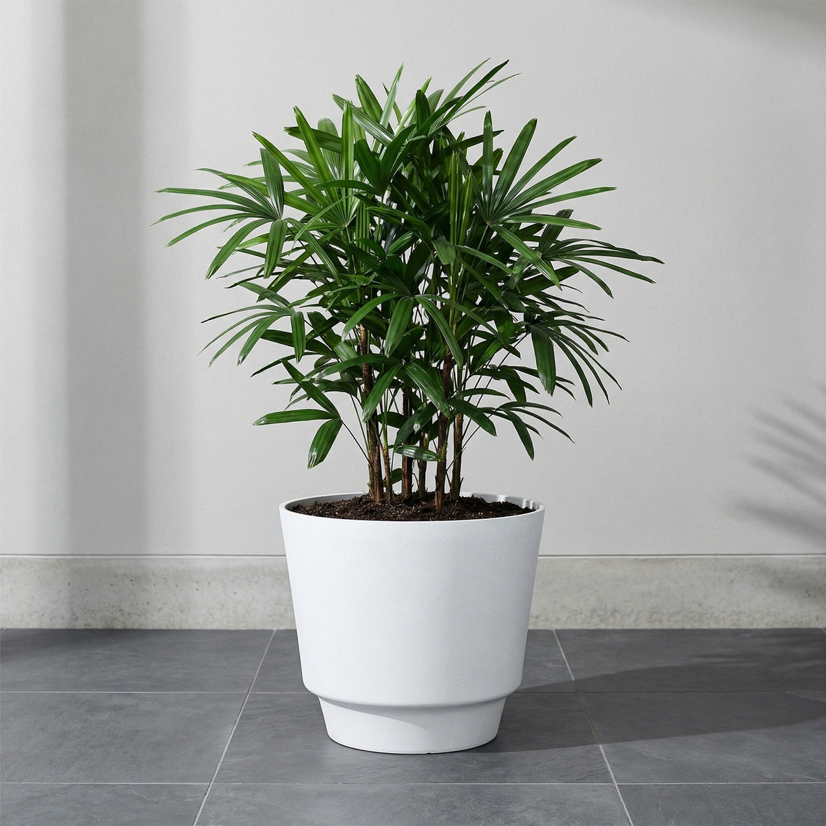 Respect White 40cm Round Calais Stone Look Self Watering Pot – large white stone-effect self watering planter pot