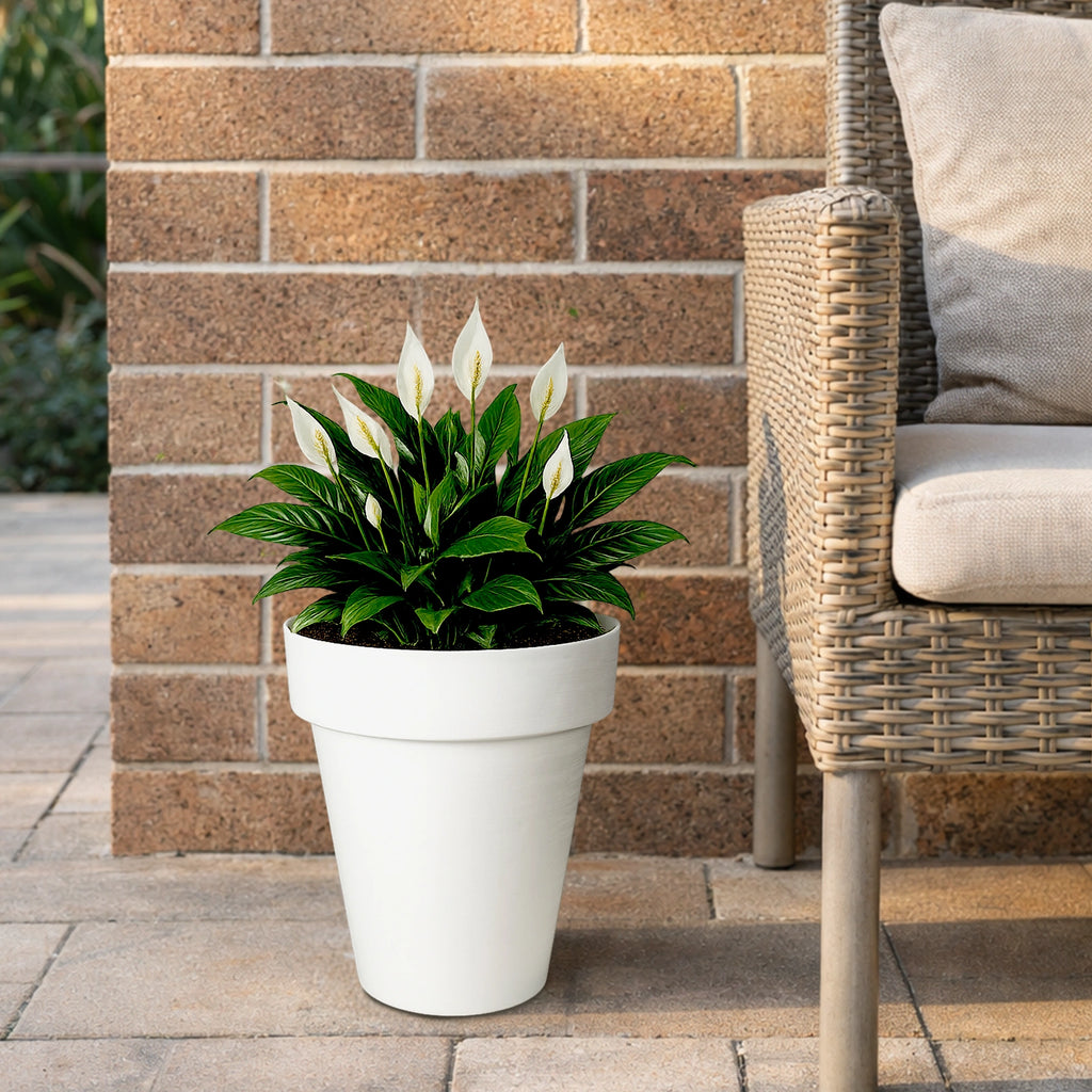 Respect White 40cm Time Planter with Wheels – large moveable white plastic planter with wheels for patio and balcony.